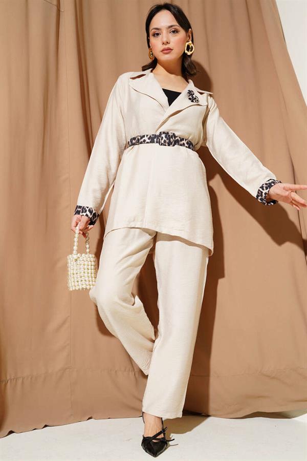 Leopard Detailed Belted 2 Piece Set Beige