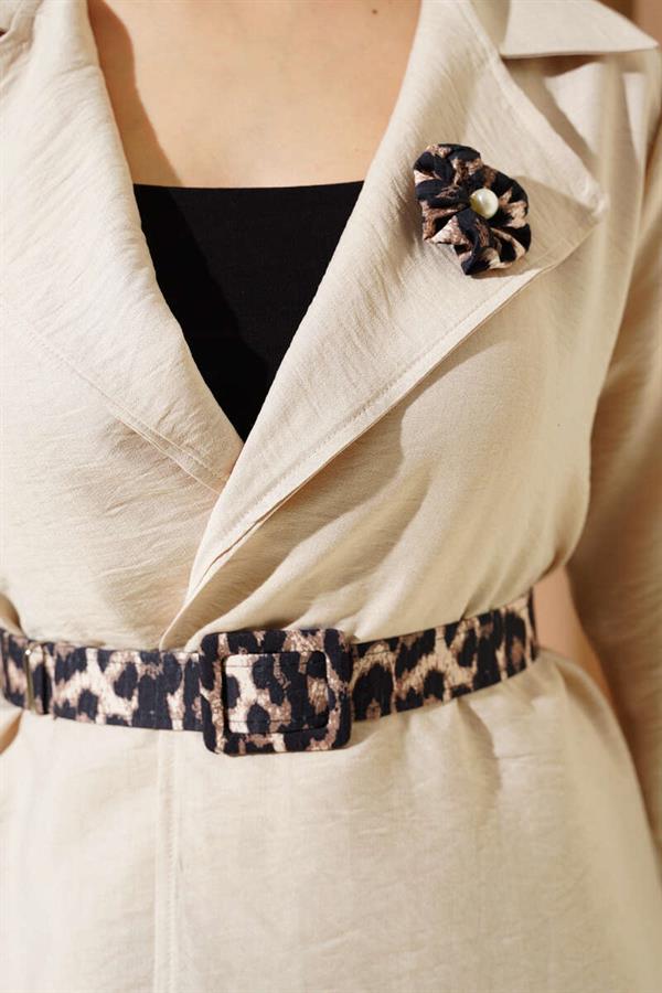 Leopard Detailed Belted 2 Piece Set Beige