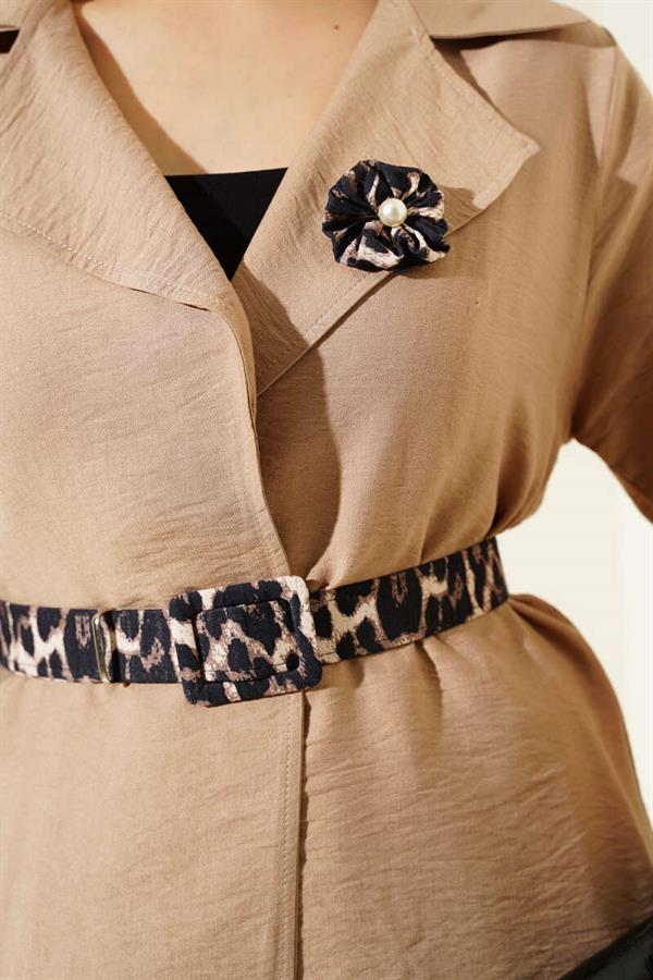Leopard Detailed Belted 2 Piece Set Latte