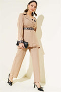 Leopard Detailed Belted 2 Piece Set Latte