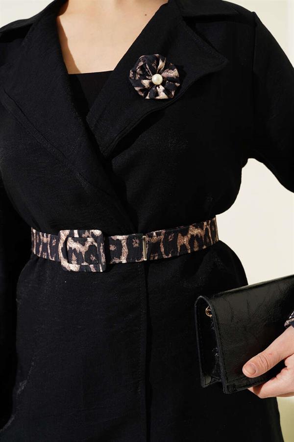 Leopard Detailed Belted 2 Piece Set Black