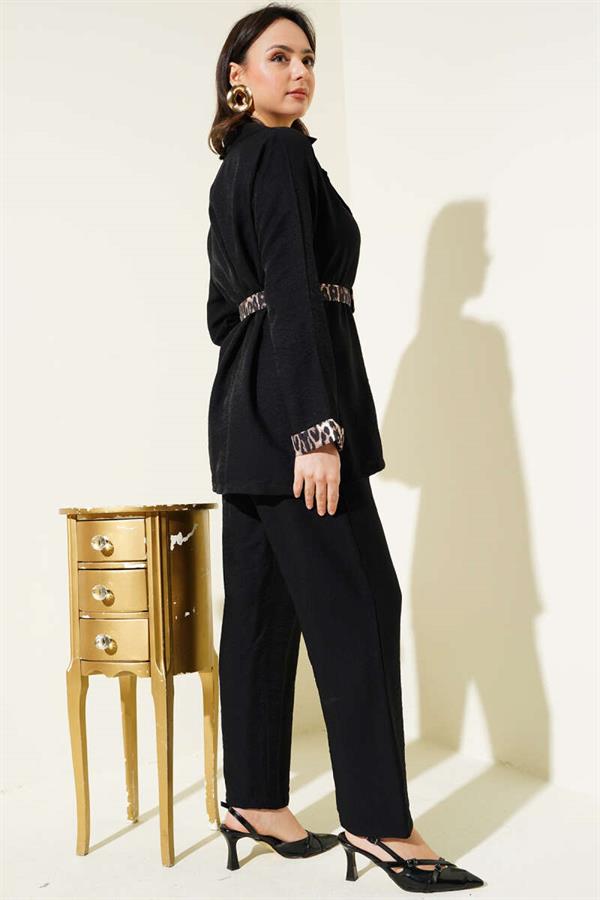 Leopard Detailed Belted 2 Piece Set Black