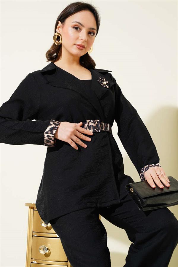 Leopard Detailed Belted 2 Piece Set Black