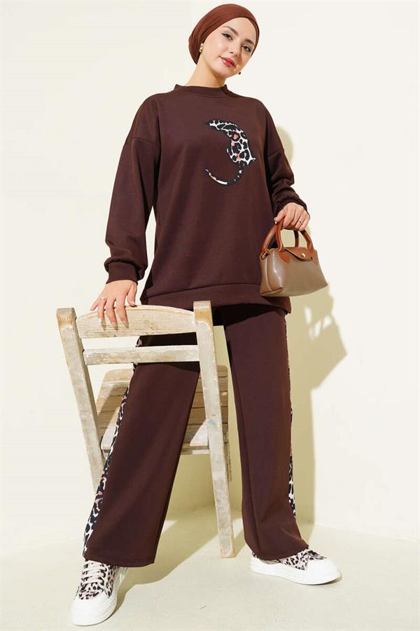 Leopard Figured Scuba 2 Piece Set Brown