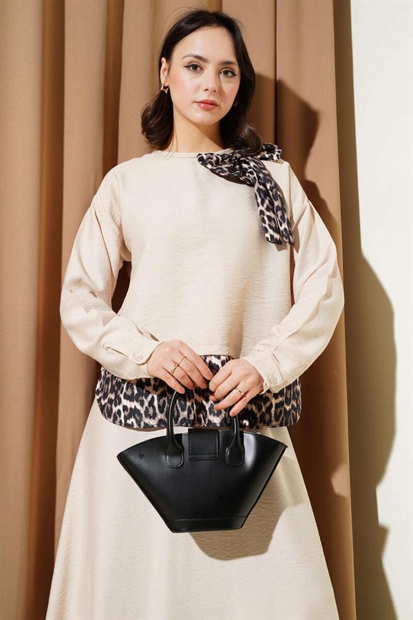 Leopard Bow Tunic 2 Piece Set Beige