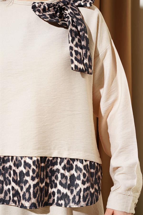 Leopard Bow Tunic 2 Piece Set Beige