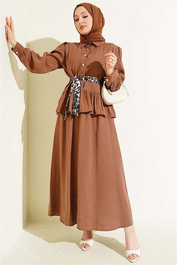 Leopard Print Modal Skirt and Scarf Set (Latte)