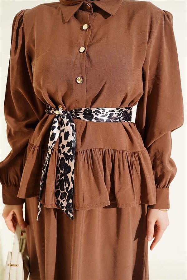 Leopard Print Modal Skirt and Scarf Set (Latte)