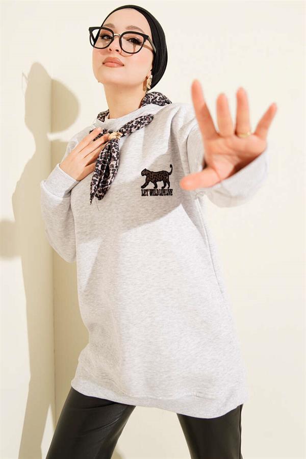 Leopard Print Scarf Three-Thread Tunic Grey