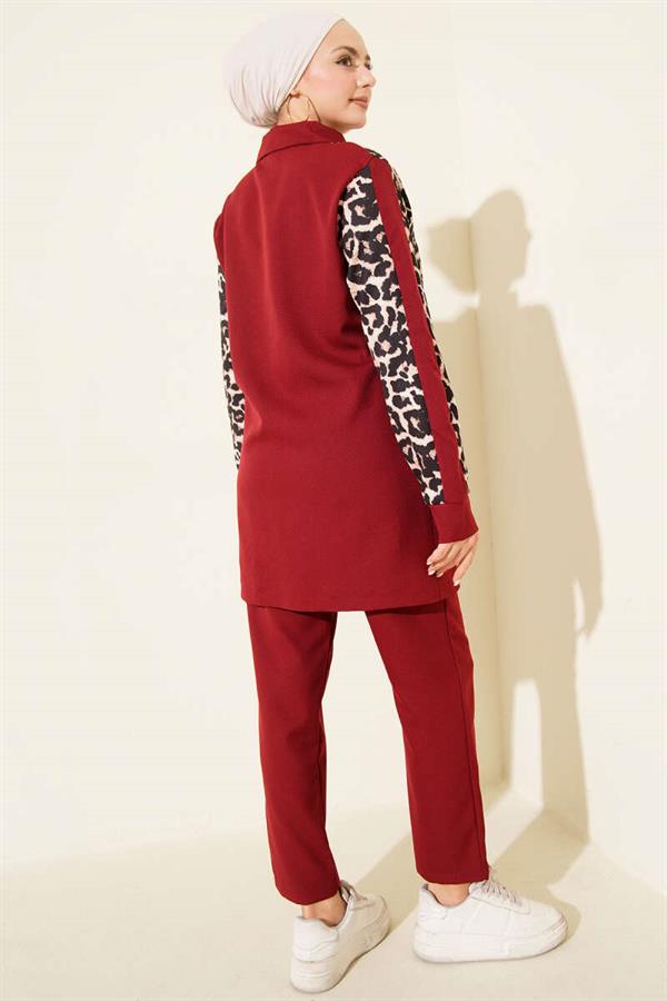 Leopard Print Cardigan 2 Piece Set in Burgundy