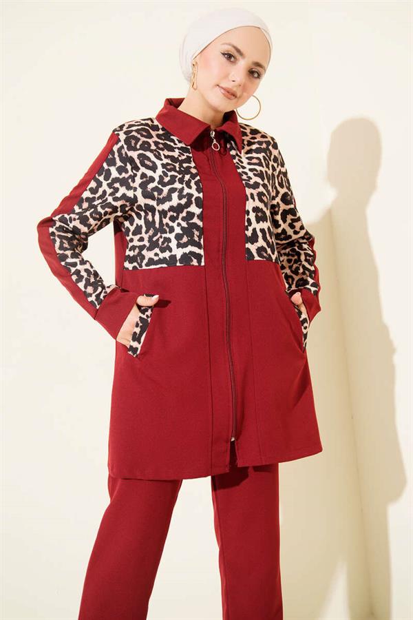 Leopard Print Cardigan 2 Piece Set in Burgundy