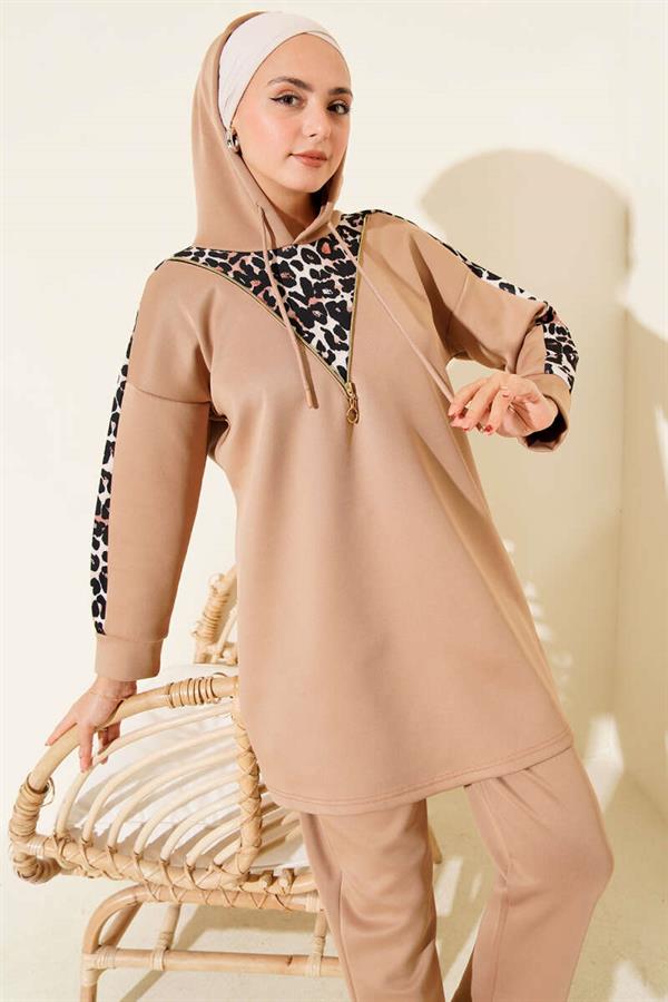 Leopard Print Hooded 2 Piece Set Latte