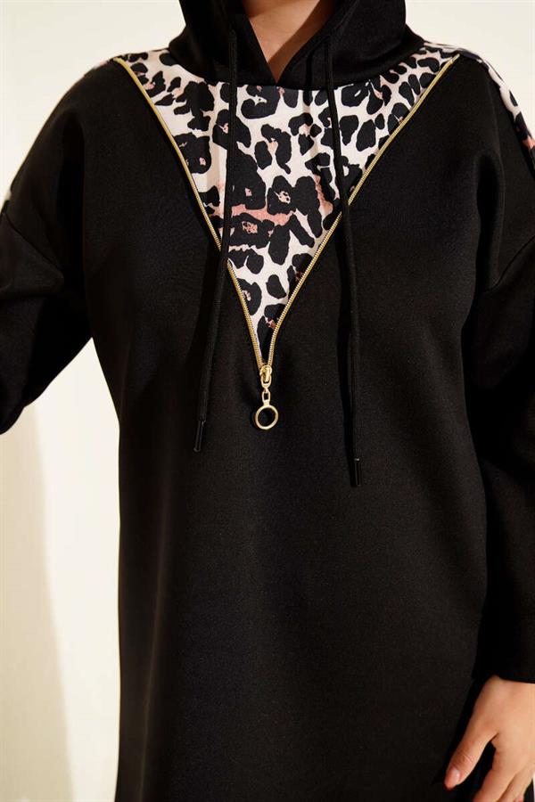 Leopard Garnished Hooded 2 Piece Set Black