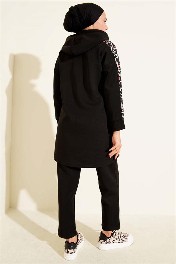 Leopard Garnished Hooded 2 Piece Set Black