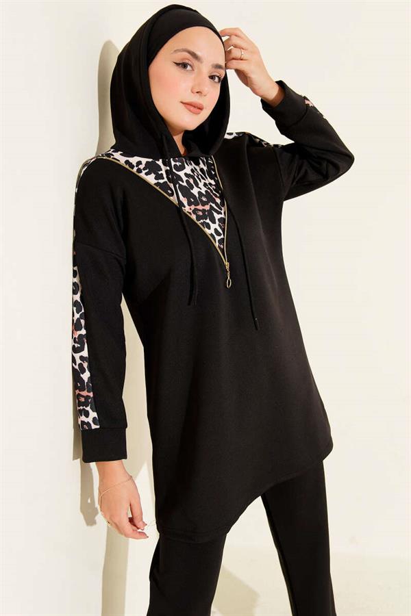 Leopard Garnished Hooded 2 Piece Set Black