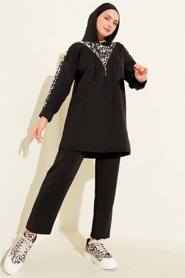 Leopard Garnished Hooded 2 Piece Set Black