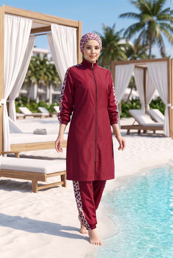 Leopard Print Modest Swimsuit, Burgundy