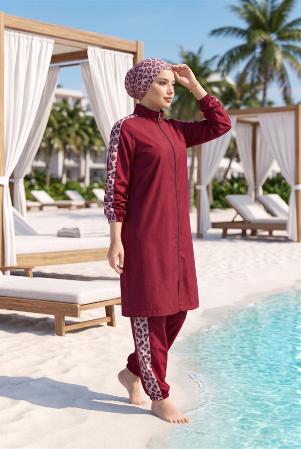 Leopard Print Modest Swimsuit, Burgundy