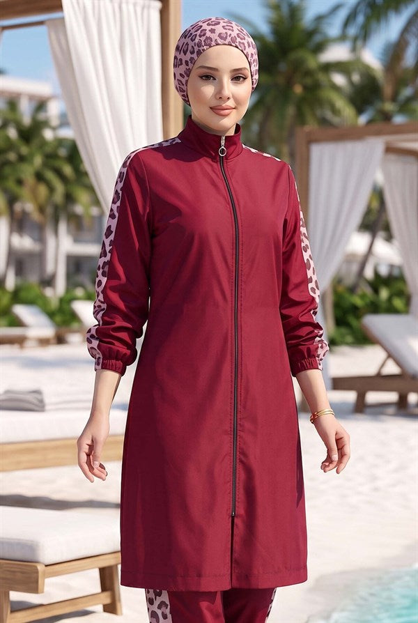Leopard Print Modest Swimsuit, Burgundy