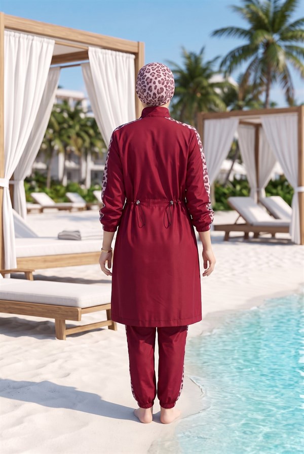 Leopard Print Modest Swimsuit, Burgundy