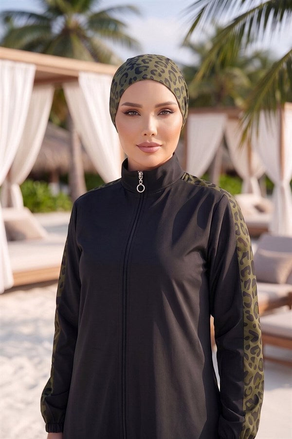 Leopard Print Modest Swimsuit Khaki
