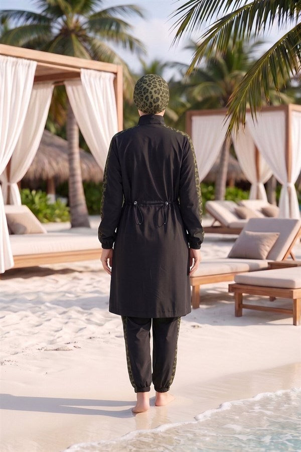 Leopard Print Modest Swimsuit Khaki