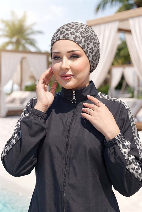 Leopard Print Modest Swimsuit Black