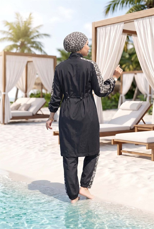 Leopard Print Modest Swimsuit Black