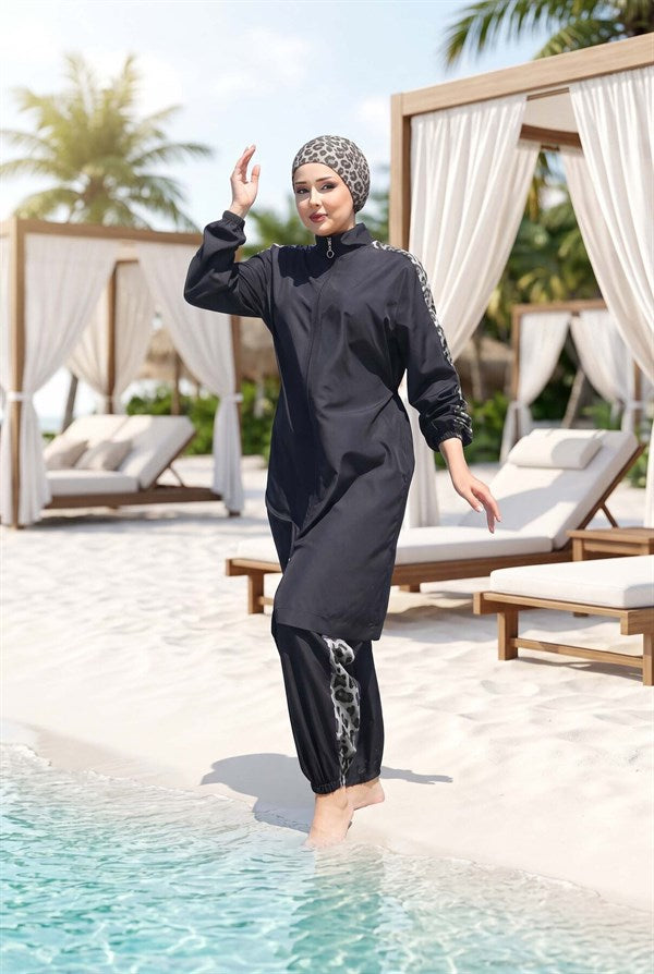 Leopard Print Modest Swimsuit Black