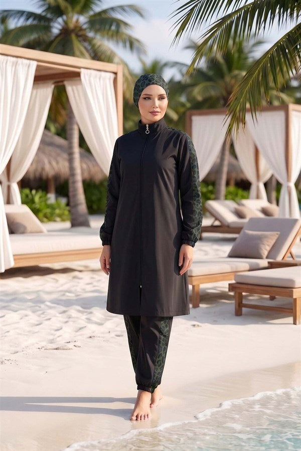 Leopard Print Modest Swimsuit in Olive Green