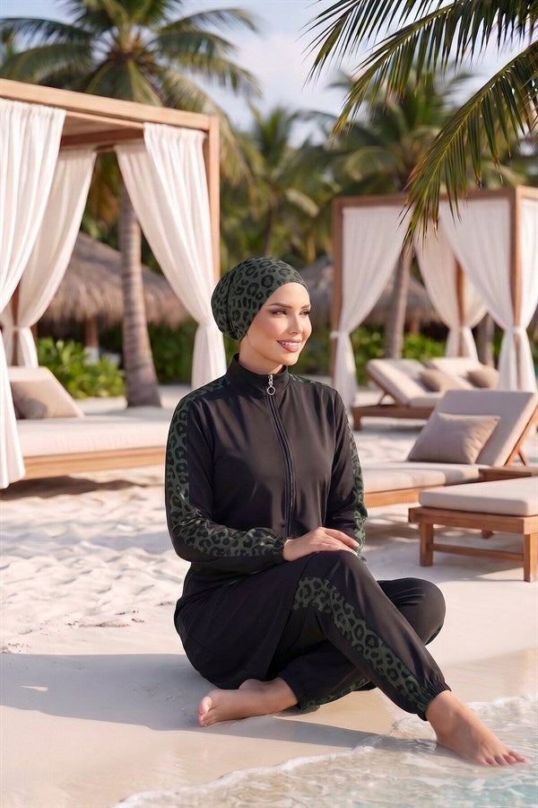 Leopard Print Modest Swimsuit in Olive Green