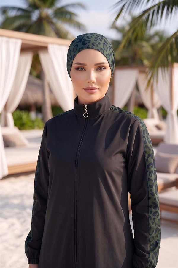 Leopard Print Modest Swimsuit in Olive Green