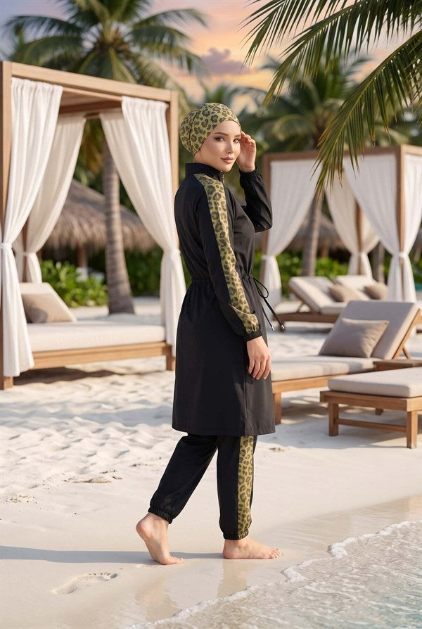 Leopard Print Modest Swimsuit Green Olive