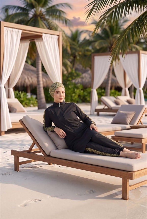 Leopard Print Modest Swimsuit Green Olive