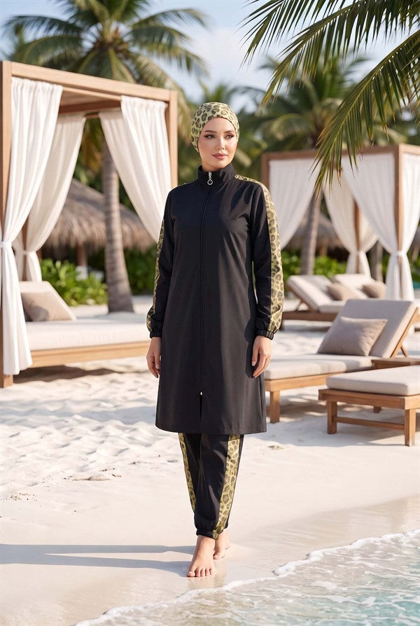 Leopard Print Modest Swimsuit Green Olive