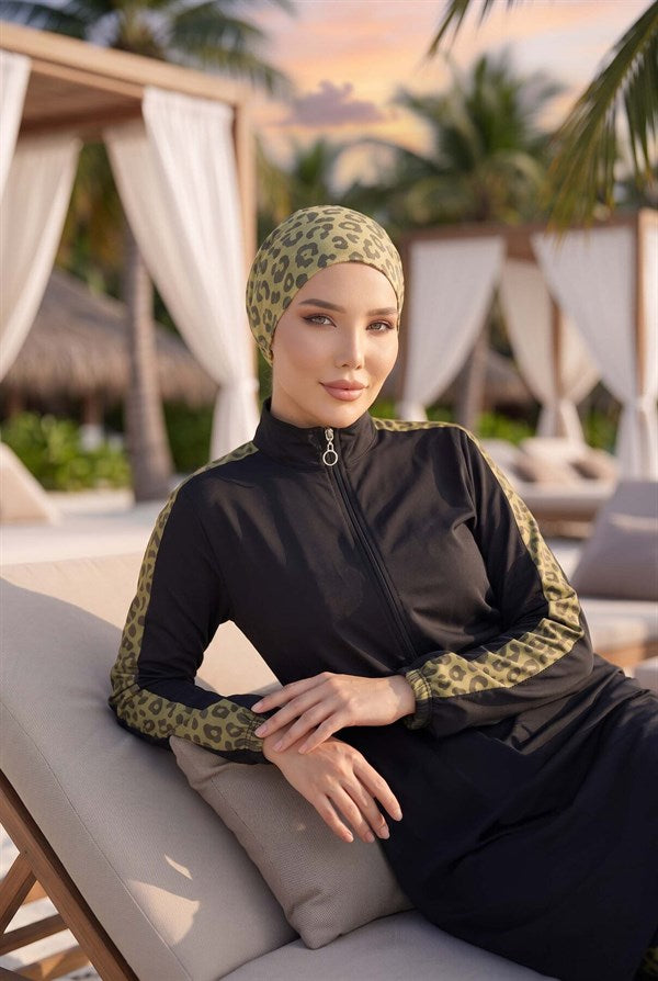 Leopard Print Modest Swimsuit Green Olive