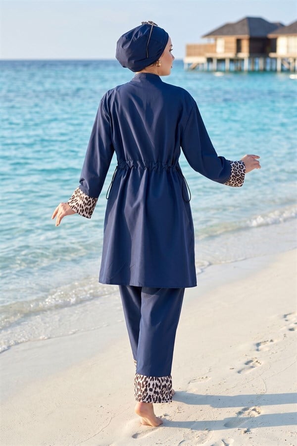 Leopard Print Hijab 3 Piece Set Swimsuit Burkini Burkini Navy Blue