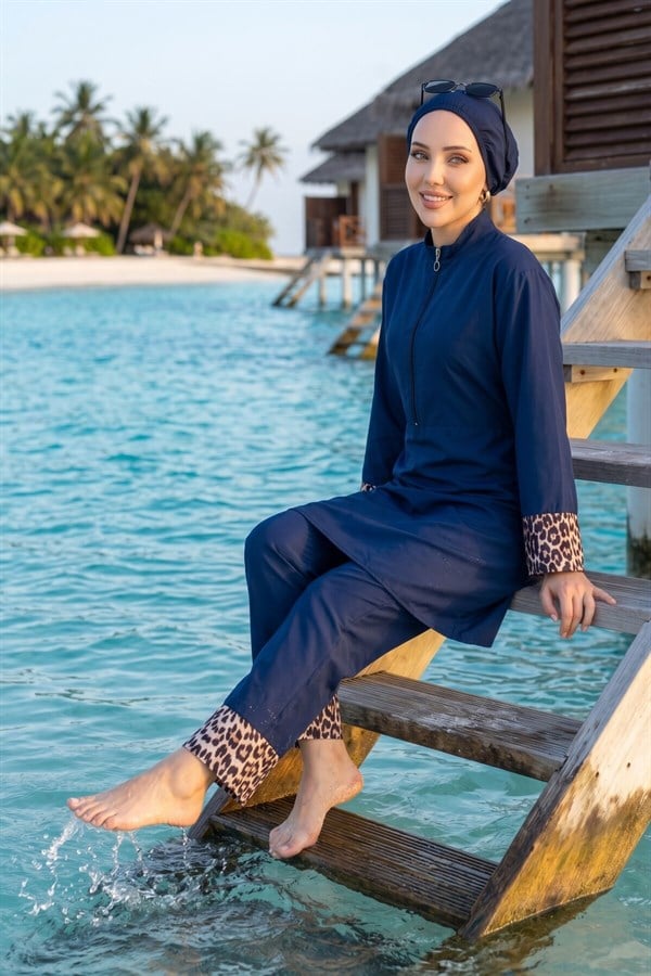 Leopard Print Hijab 3 Piece Set Swimsuit Burkini Burkini Navy Blue