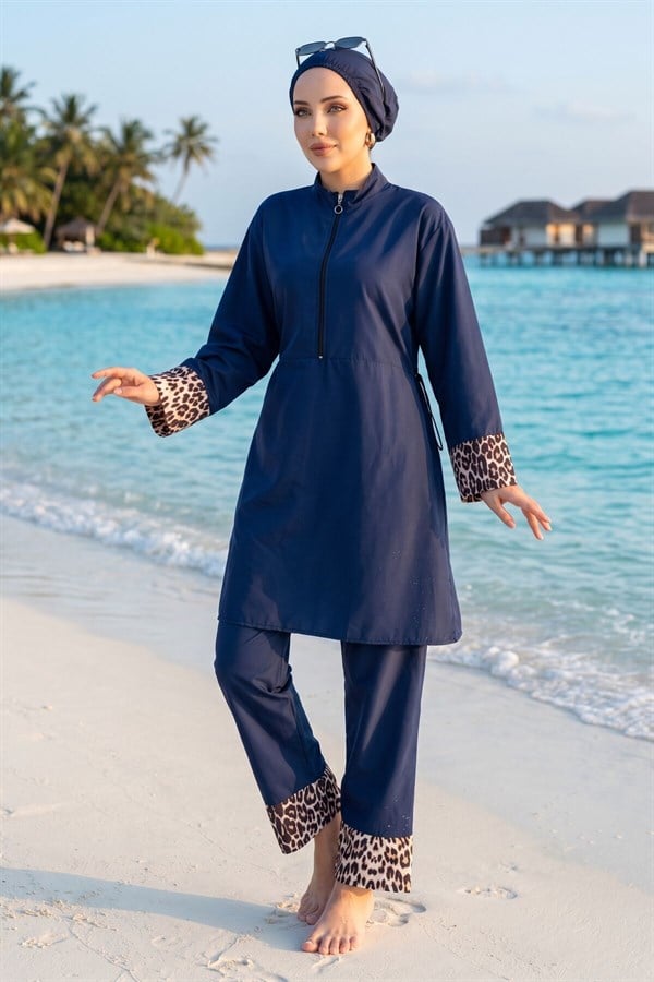 Leopard Print Hijab 3 Piece Set Swimsuit Burkini Burkini Navy Blue