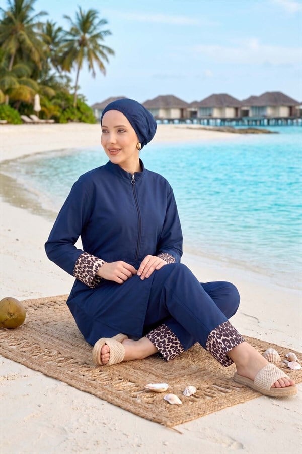 Leopard Print Hijab 3 Piece Set Swimsuit Burkini Burkini Navy Blue