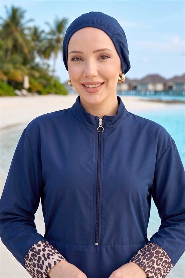 Leopard Print Hijab 3 Piece Set Swimsuit Burkini Burkini Navy Blue