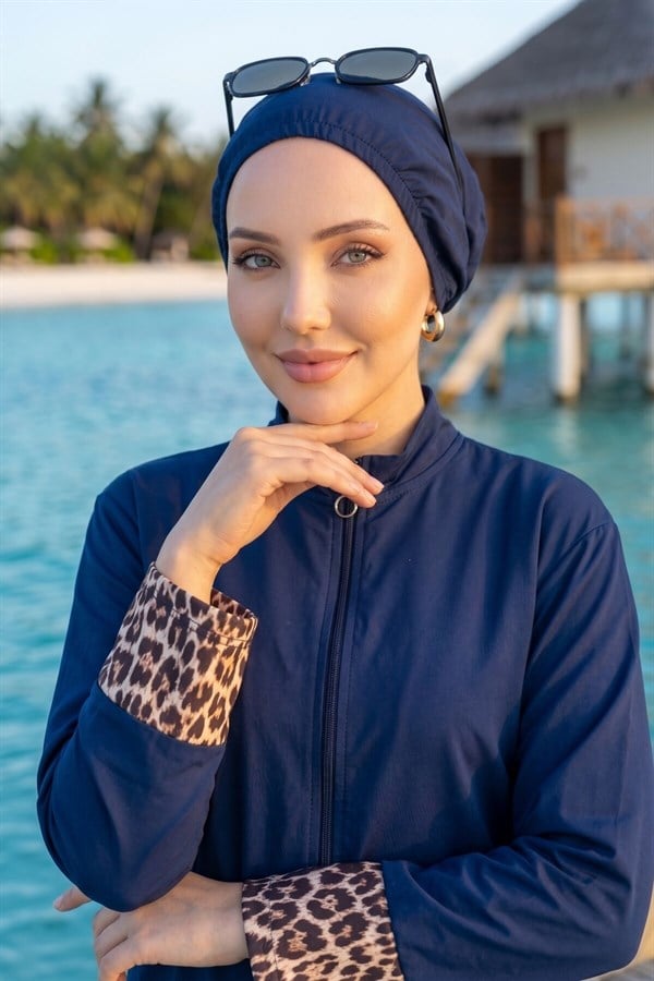 Leopard Print Hijab 3 Piece Set Swimsuit Burkini Burkini Navy Blue