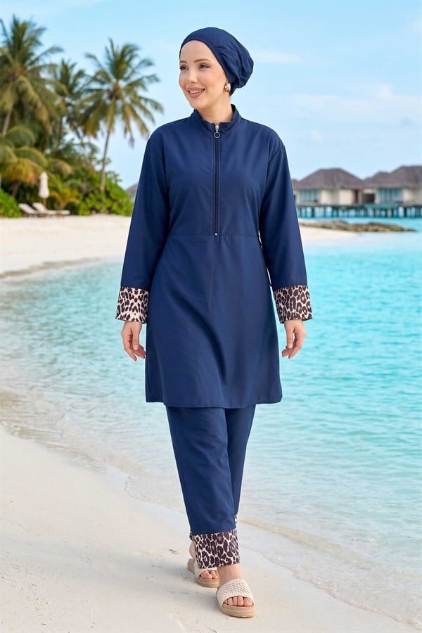 Leopard Print Hijab 3 Piece Set Swimsuit Burkini Burkini Navy Blue