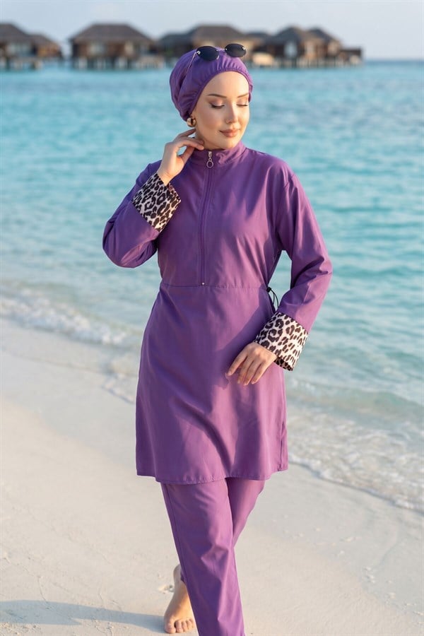 Leopard Print Hijab 3 Piece Set Swimsuit Burkini Burkini Purple