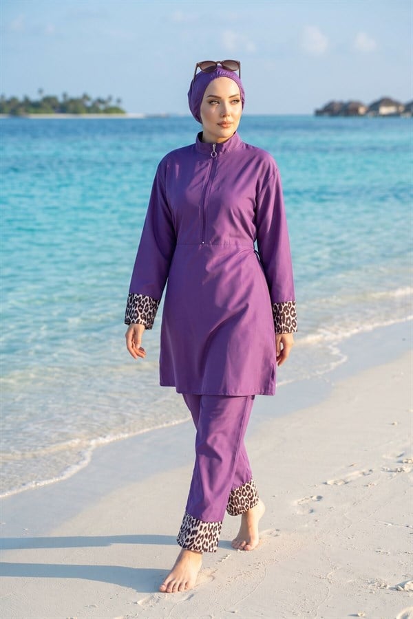 Leopard Print Hijab 3 Piece Set Swimsuit Burkini Burkini Purple