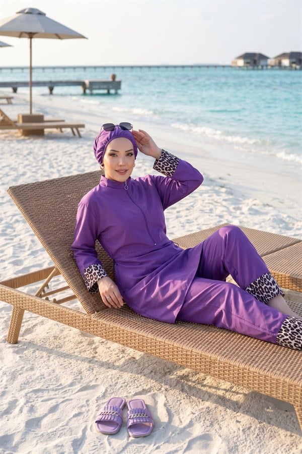 Leopard Print Hijab 3 Piece Set Swimsuit Burkini Burkini Purple