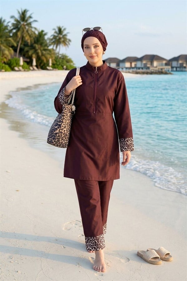 Leopard Print Hijab 3 Piece Set Swimsuit Burkini Burkini in Plum