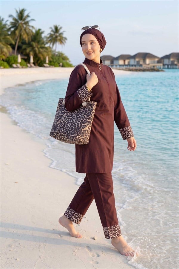 Leopard Print Hijab 3 Piece Set Swimsuit Burkini Burkini in Plum