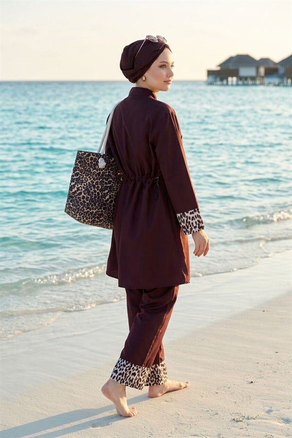 Leopard Print Hijab 3 Piece Set Swimsuit Burkini Burkini in Plum