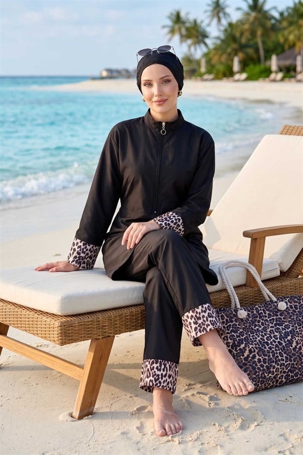 Leopard Print Hijab 3 Piece Set Swimsuit Burkini Burkini Black